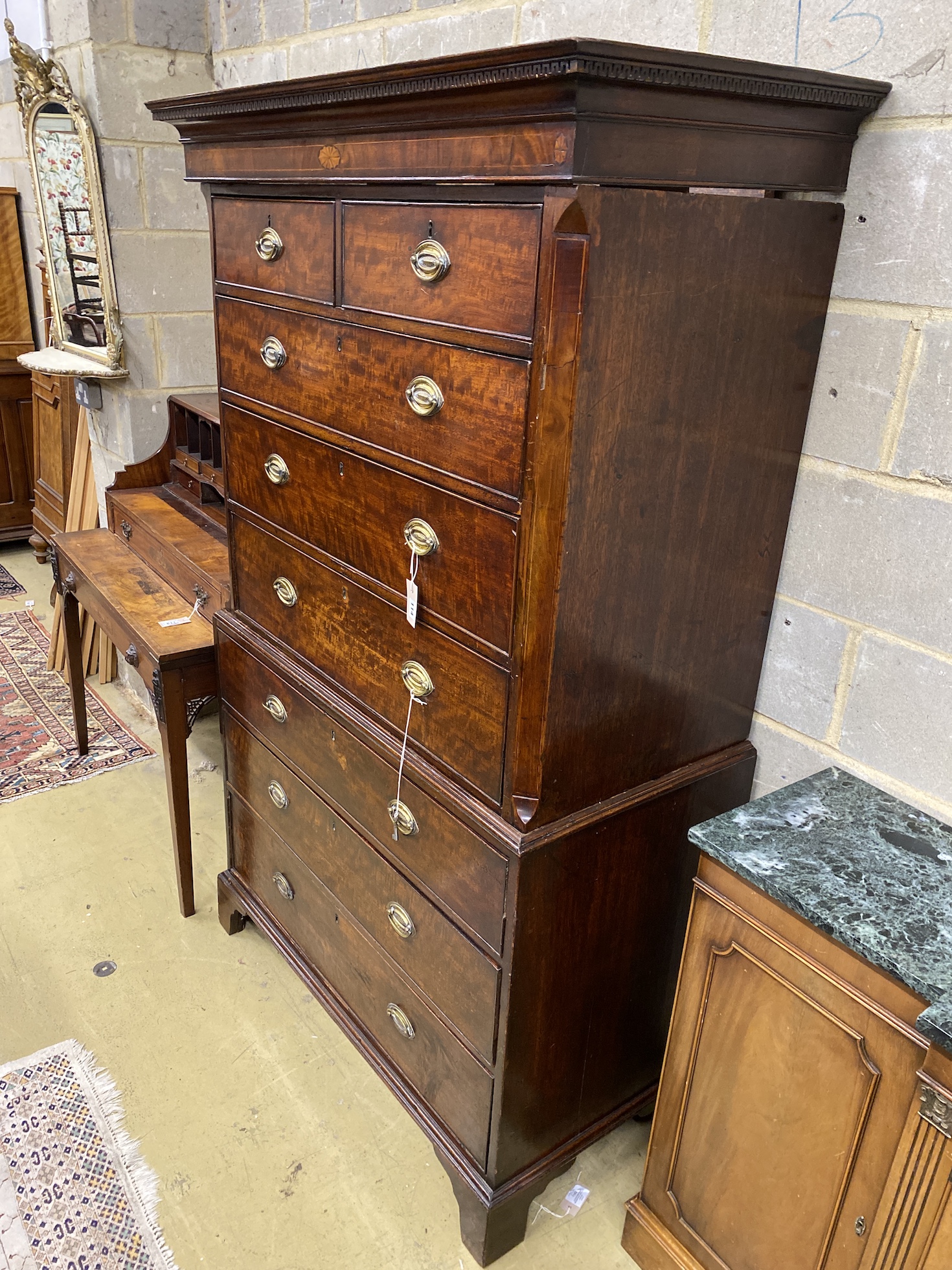 A George III mahogany chest on chest, width 112cm, depth 57cm, height 185cm